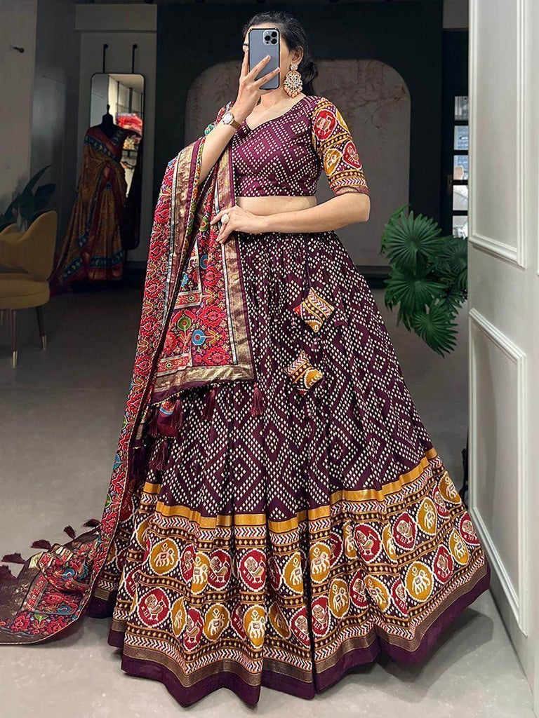 Glamorous Wine Bandhani Printed Tussar Silk Lehenga Choli With Dupatta