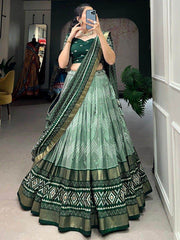 Marvelous Green Digital Print Silk Mehendi Wear Lehenga Choli With Dupatta