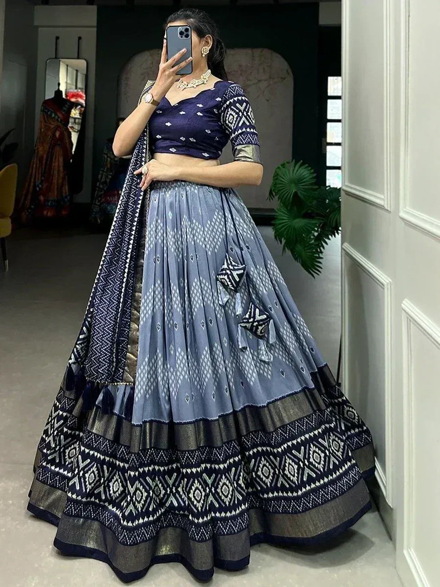 Blue printed lehenga choli with geometric patterns, perfect for Indian ethnic wear occasions