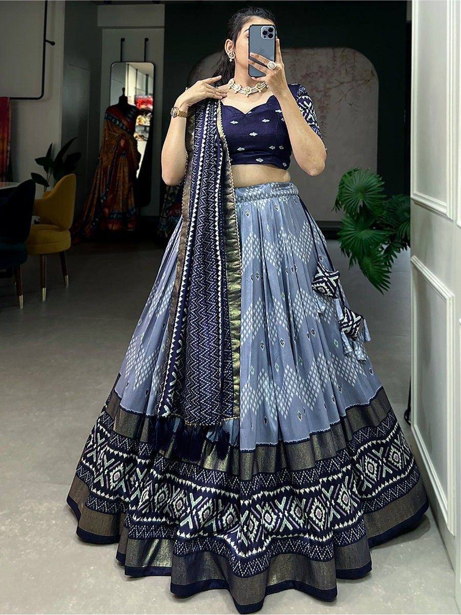 Blue printed lehenga choli with geometric patterns, perfect for ethnic occasions and festive wear.