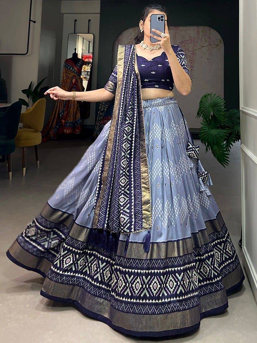 Blue printed lehenga choli with geometric border, ethnic wear for women