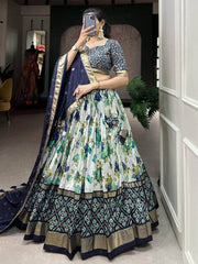 Beautiful White & Blue Floral Printed Tussar Silk Traditional Lehenga Choli