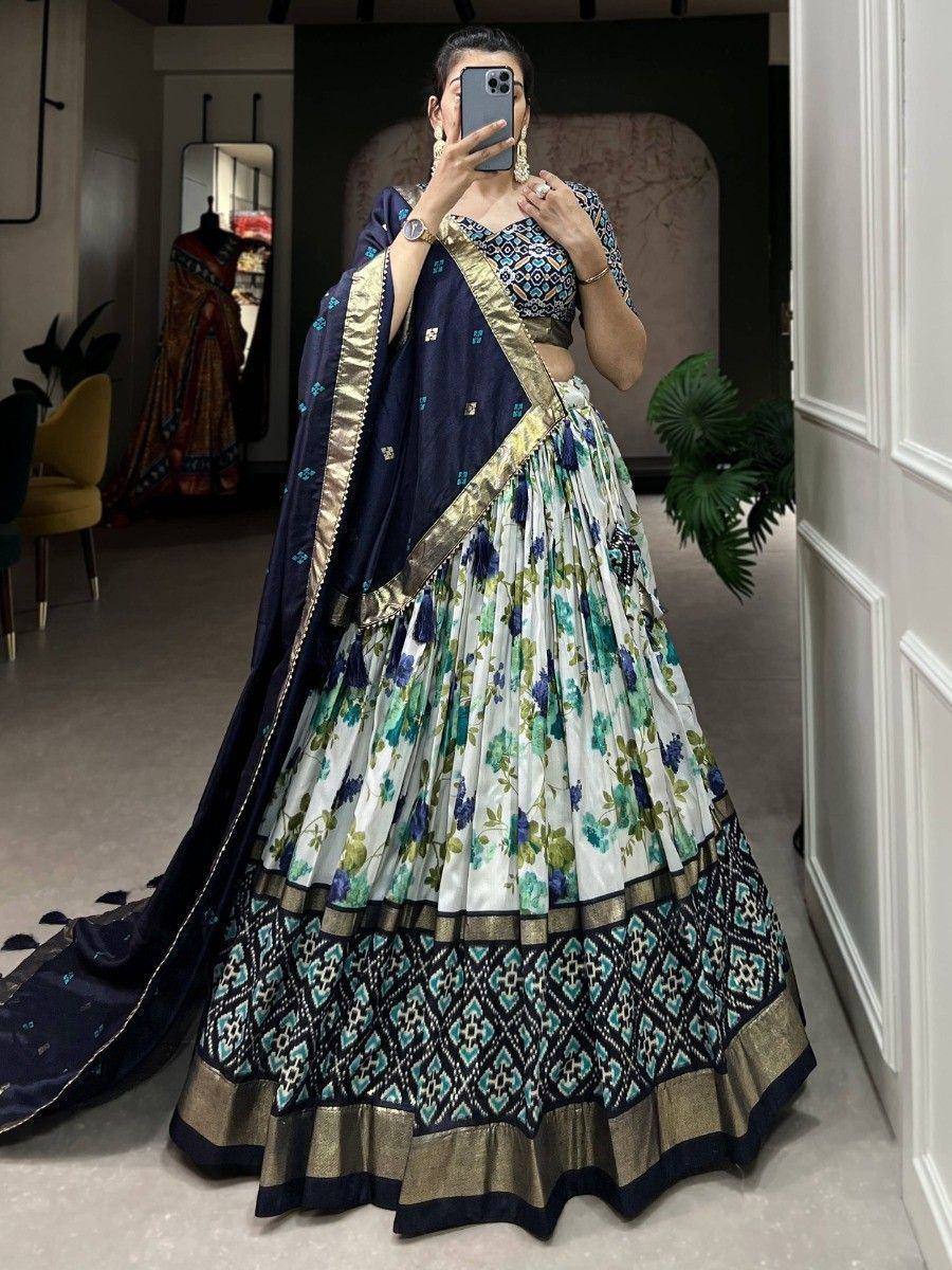 Floral print lehenga choli with navy dupatta, ethnic Indian wear for weddings and festivals