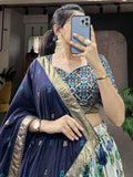 Beautiful White & Blue Floral Printed Tussar Silk Traditional Lehenga Choli