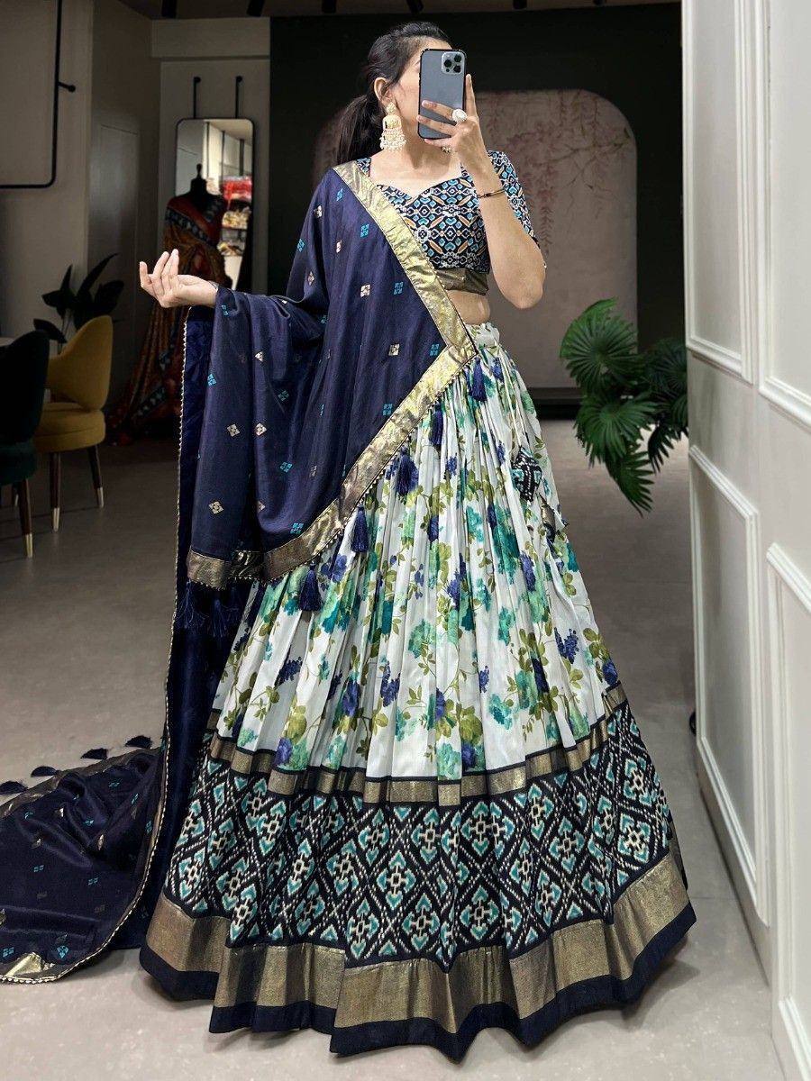 Floral print lehenga choli with navy blue dupatta, ethnic Indian wear for women