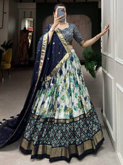 Beautiful White & Blue Floral Printed Tussar Silk Traditional Lehenga Choli