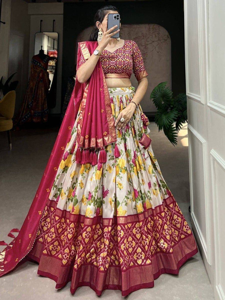 Floral print lehenga choli with maroon dupatta, ethnic Indian wear for weddings and festivals
