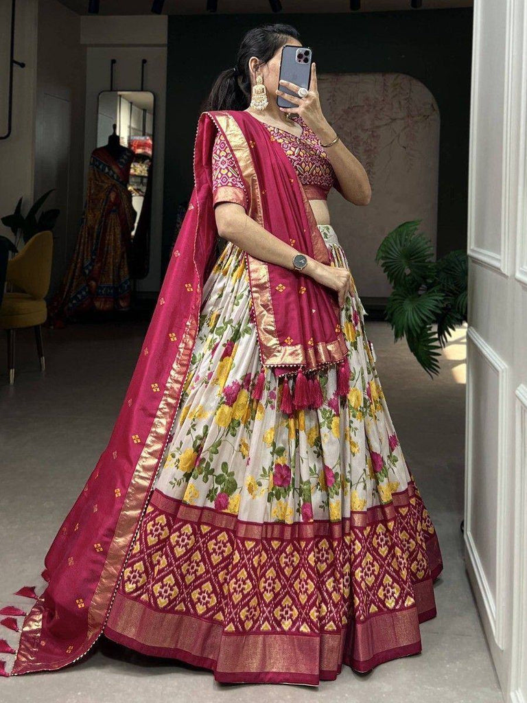 Floral print lehenga choli with maroon dupatta, ethnic Indian wear for women