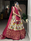 Attractive White & Pink Floral Printed Tussar Silk Navratri Lehenga Choli