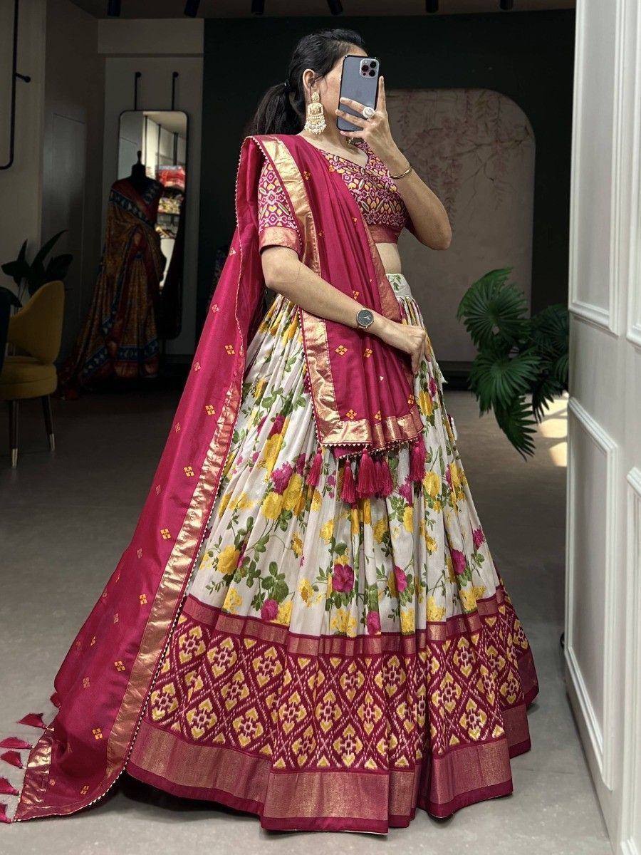 Floral print lehenga choli with maroon dupatta, ethnic Indian wear for women