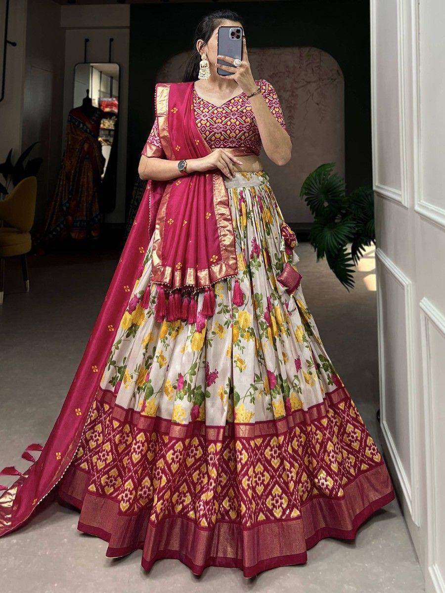 Attractive White & Pink Floral Printed Tussar Silk Navratri Lehenga Choli