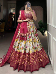 Attractive White & Pink Floral Printed Tussar Silk Navratri Lehenga Choli