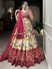 Attractive White & Pink Floral Printed Tussar Silk Navratri Lehenga Choli