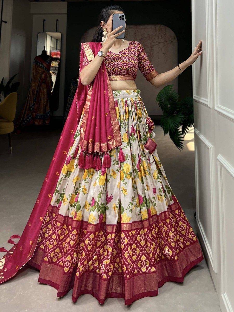 Floral print lehenga choli with maroon dupatta, ethnic Indian wear for weddings and festivals