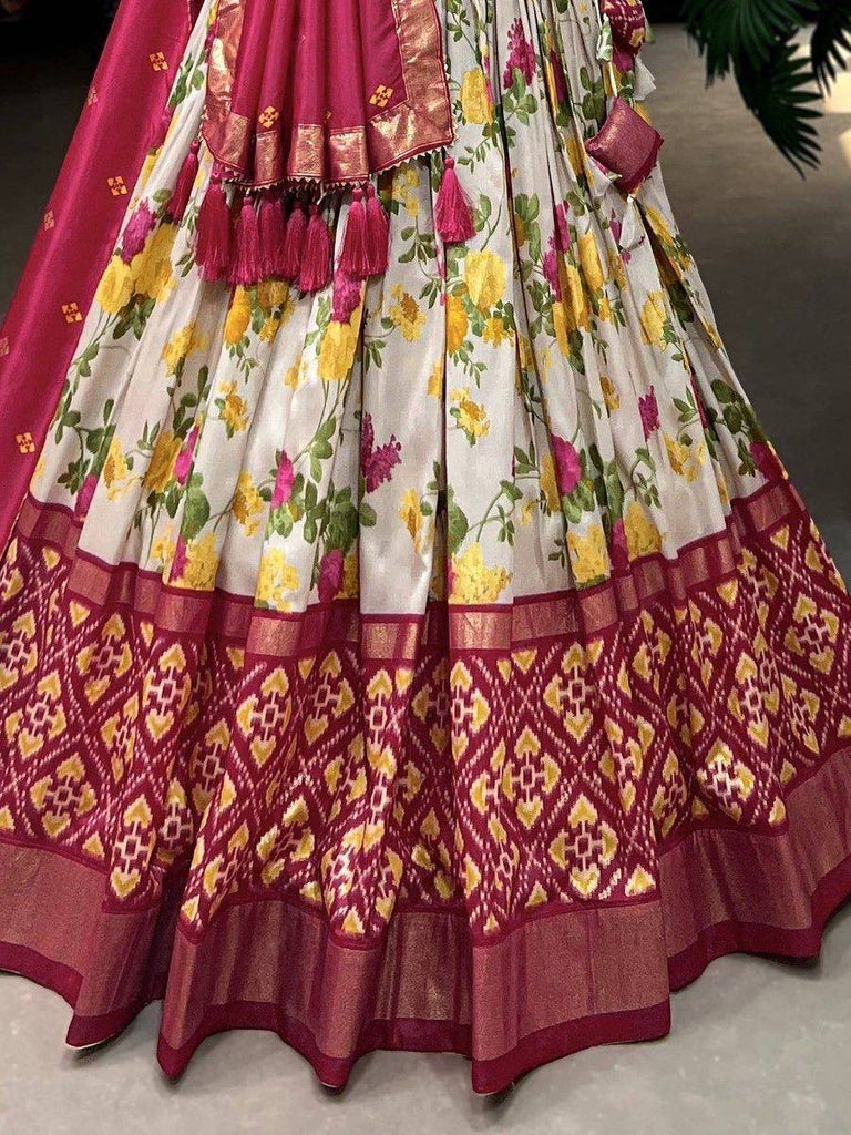 Floral print lehenga choli with maroon border and tassels, Indian ethnic wear
