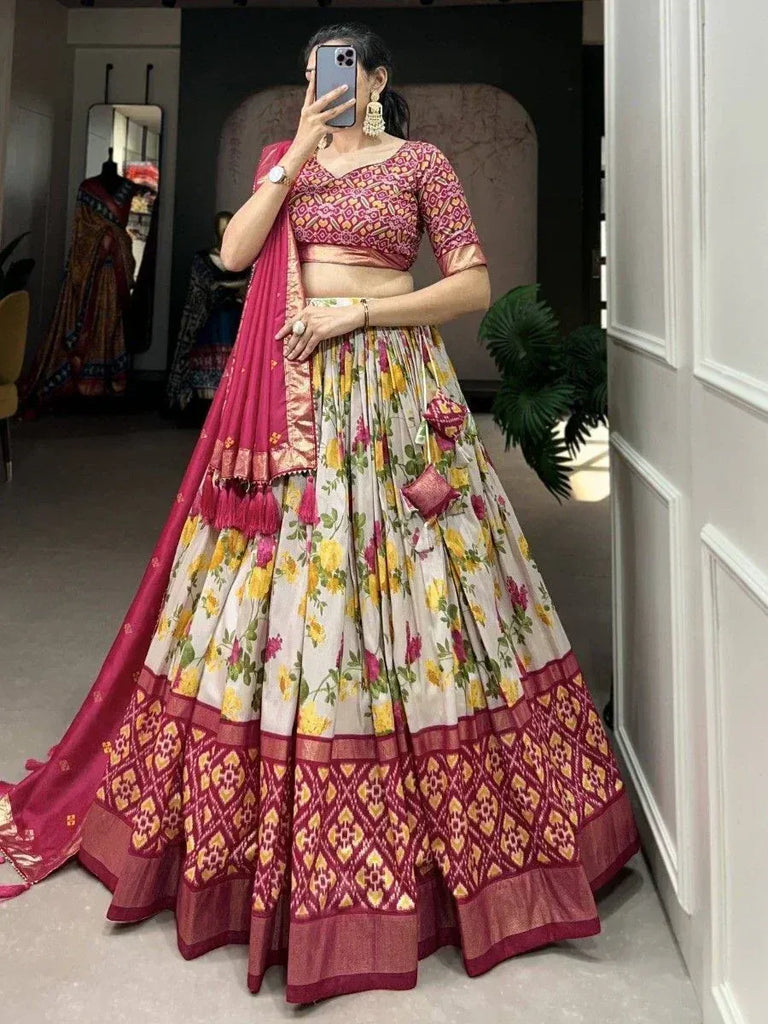 Floral print lehenga choli with pink blouse and dupatta, ethnic Indian wear for women