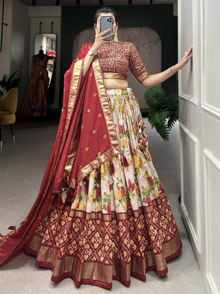 Alluring White & Red Floral Printed Tussar Silk Festival Lehenga Choli