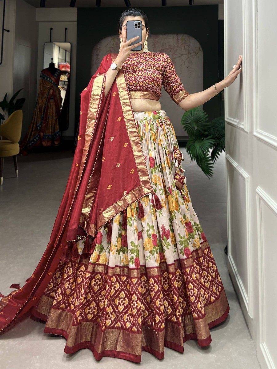 Floral print lehenga choli with maroon dupatta, ethnic Indian wear for weddings and festivals