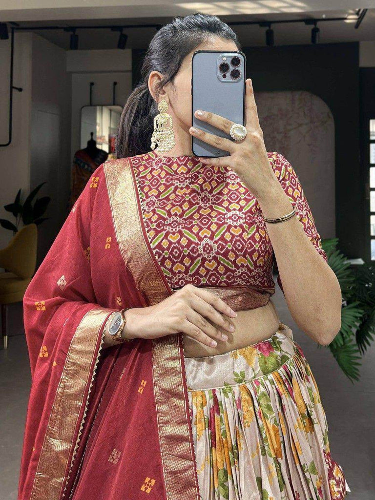 Alluring White & Red Floral Printed Tussar Silk Festival Lehenga Choli