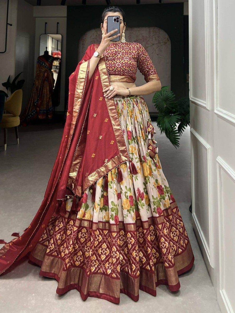 Alluring White & Red Floral Printed Tussar Silk Festival Lehenga Choli