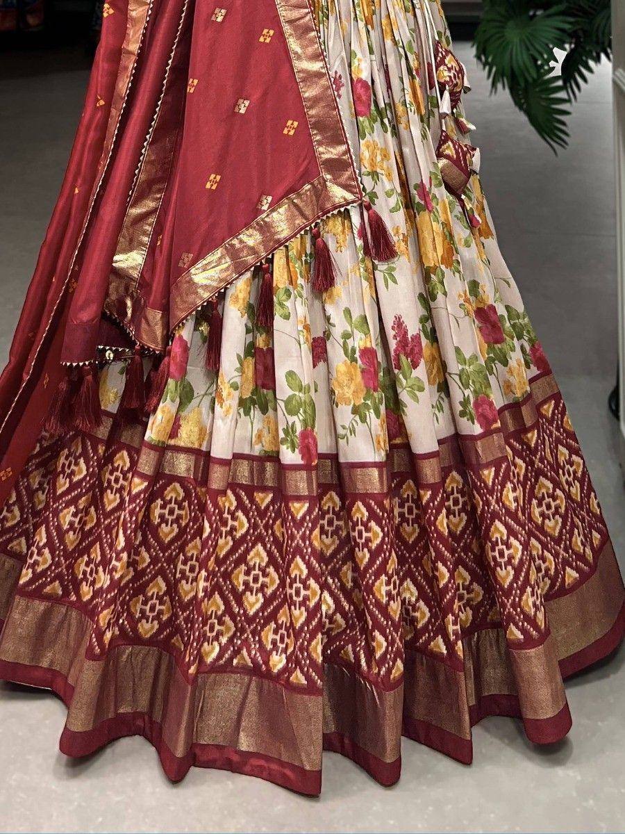 Floral print lehenga choli with maroon dupatta, ethnic Indian wear for weddings and festivals