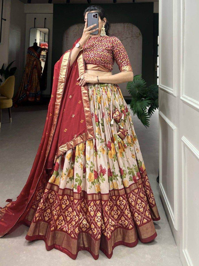 Alluring White & Red Floral Printed Tussar Silk Festival Lehenga Choli