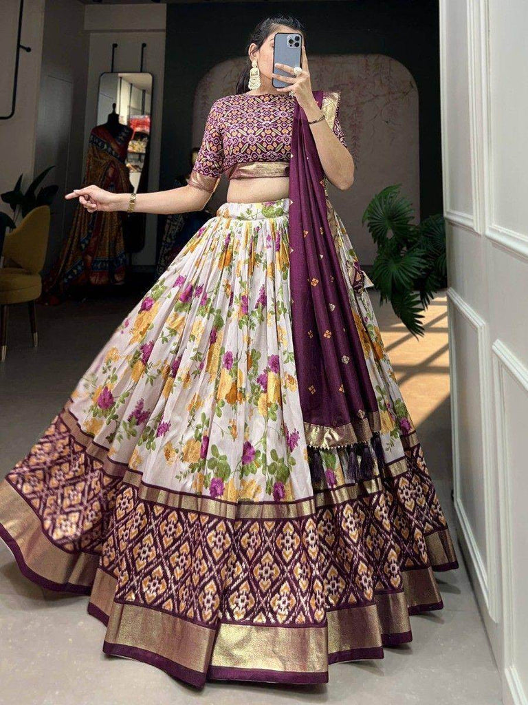 Pretty White & Wine Floral Printed Tussar Silk Festival Wear Lehenga Choli