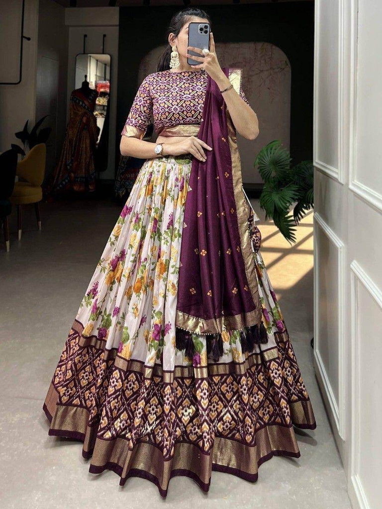 Pretty White & Wine Floral Printed Tussar Silk Festival Wear Lehenga Choli