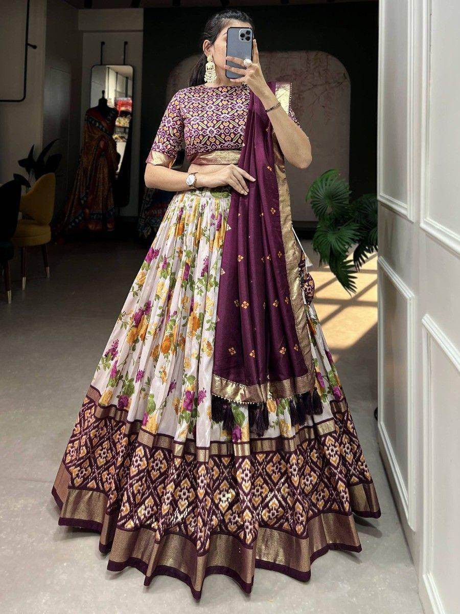 Pretty White & Wine Floral Printed Tussar Silk Festival Wear Lehenga Choli