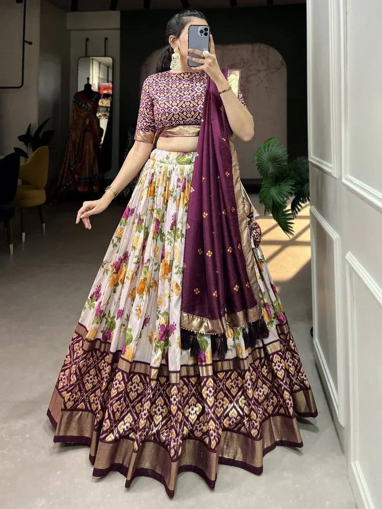 Pretty White & Wine Floral Printed Tussar Silk Festival Wear Lehenga Choli