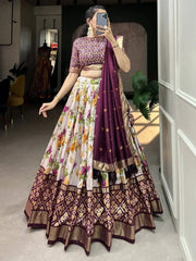 Pretty White & Wine Floral Printed Tussar Silk Festival Wear Lehenga Choli