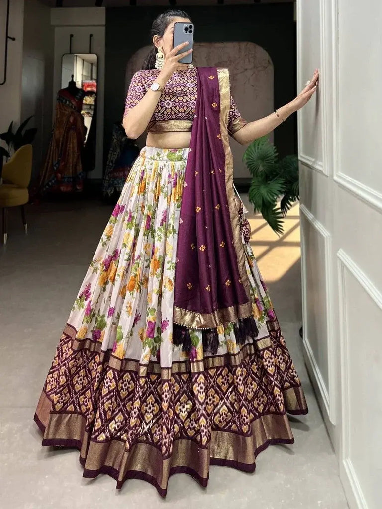 Pretty White & Wine Floral Printed Tussar Silk Festival Wear Lehenga Choli