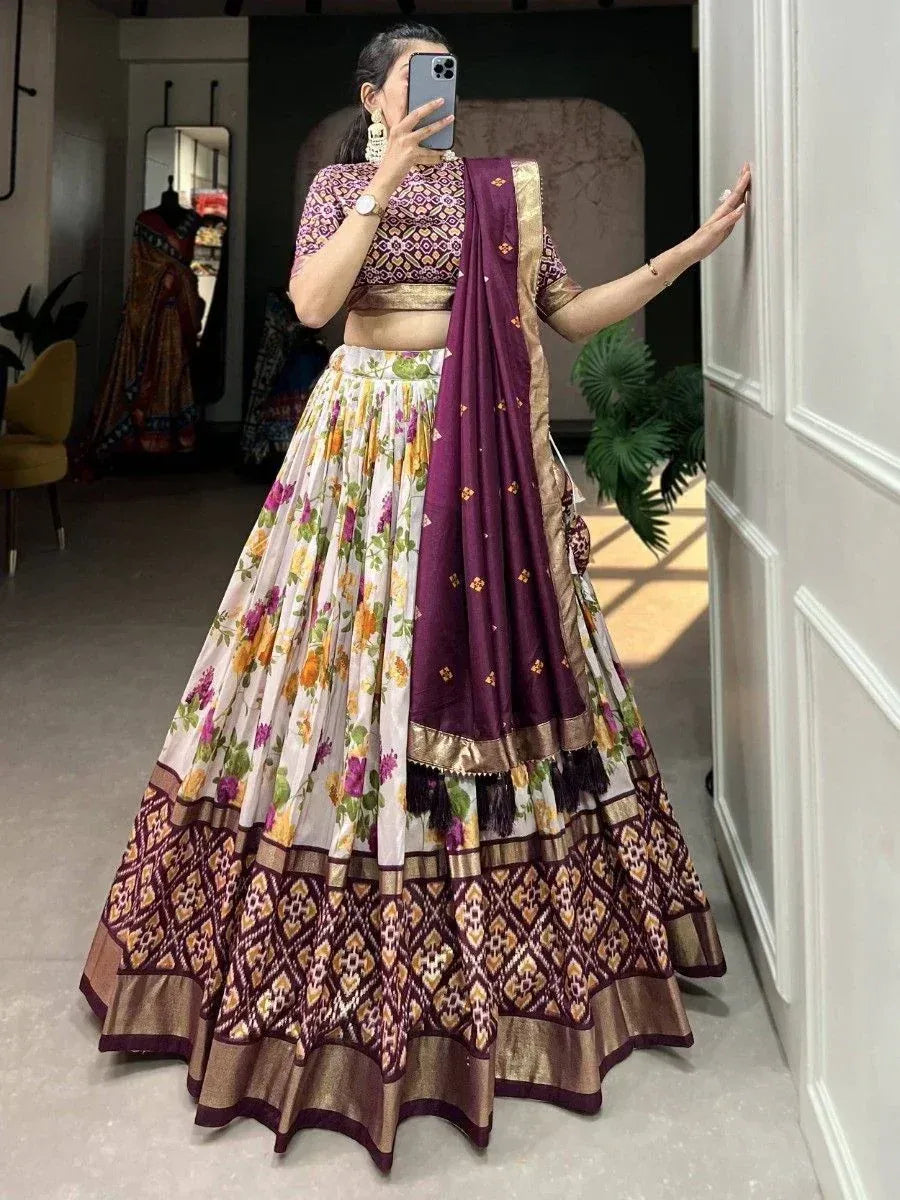 Floral print lehenga choli with purple dupatta, ethnic Indian wear for women