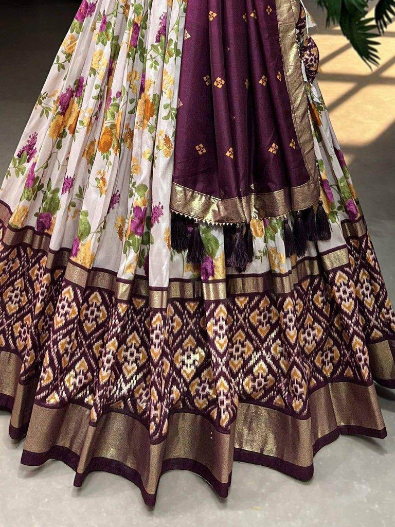 Pretty White & Wine Floral Printed Tussar Silk Festival Wear Lehenga Choli