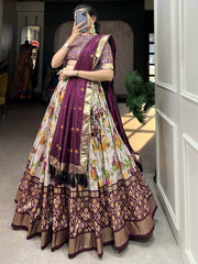 Pretty White & Wine Floral Printed Tussar Silk Festival Wear Lehenga Choli