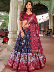 Amazing Navy Blue Patola Printed Silk Lehenga Choli With Dupatta