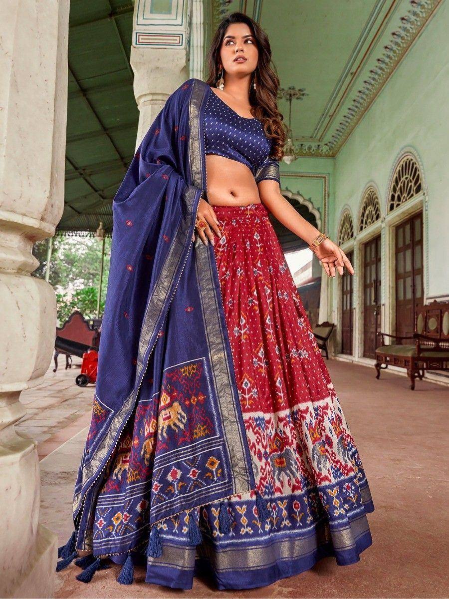 Blue and red printed lehenga choli with elephant motifs, ethnic Indian wear for women