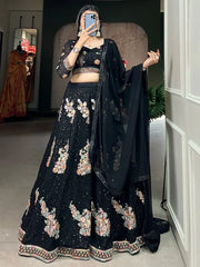 Astonishing Black Sequins Georgette Reception Wear Lehenga Choli