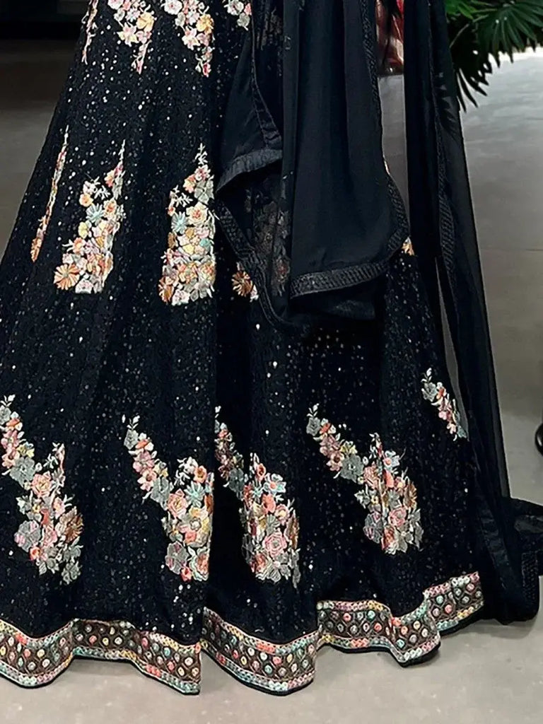 Astonishing Black Sequins Georgette Reception Wear Lehenga Choli