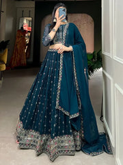 Charming Teal Blue Sequins Georgette Function Wear Lehenga Choli