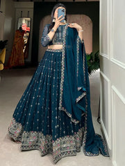 Charming Teal Blue Sequins Georgette Function Wear Lehenga Choli