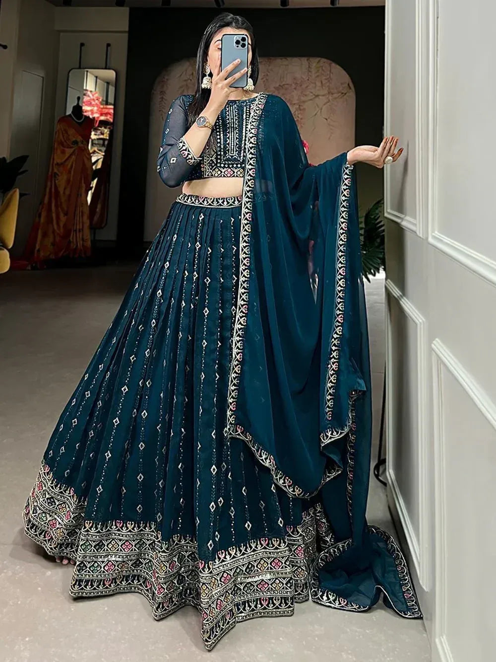 Teal embroidered lehenga choli with dupatta, Indian ethnic wear for women