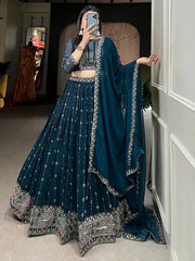 Charming Teal Blue Sequins Georgette Function Wear Lehenga Choli