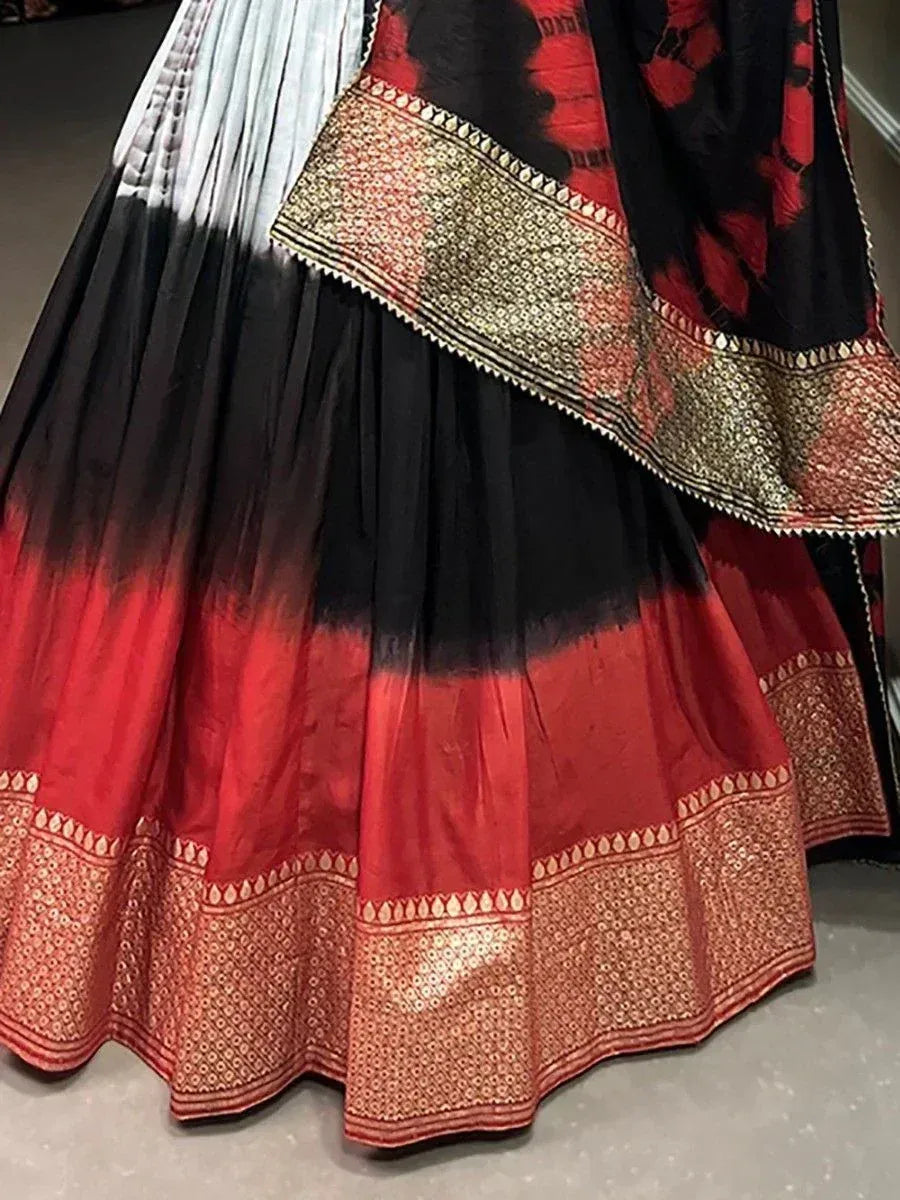 Black and red ombre lehenga with gold embroidery, Indian ethnic wear