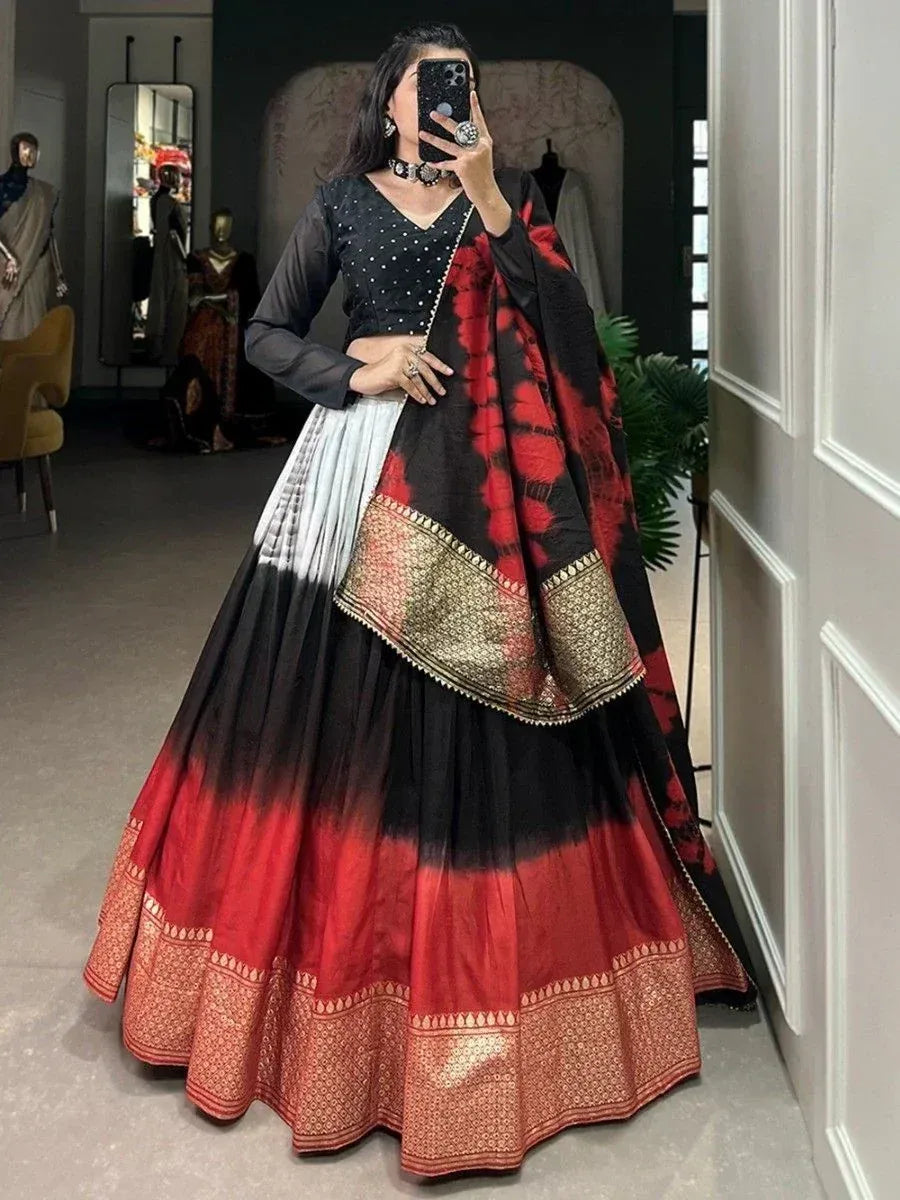 Black and red ombre lehenga choli with gold border, ethnic wear for women