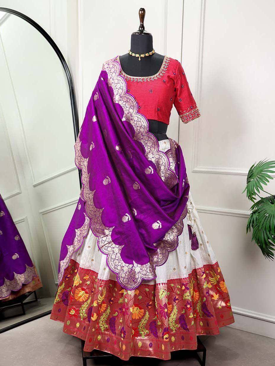 Vibrant purple and red lehenga choli with floral embroidery, perfect for Indian ethnic wear occasions