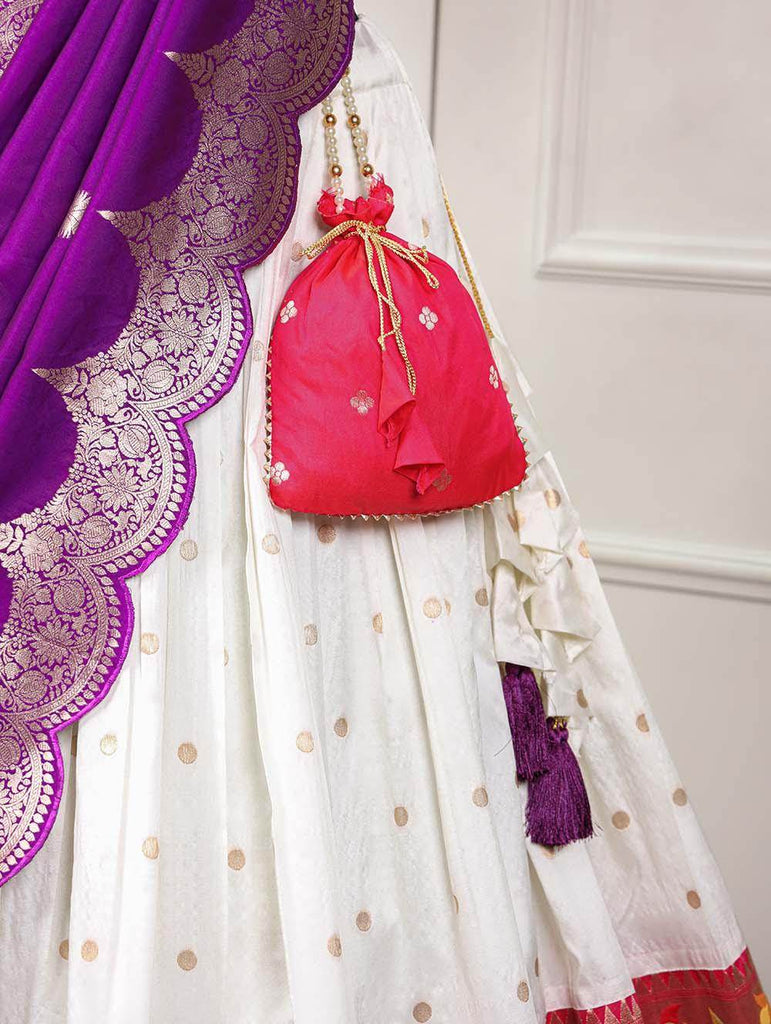 Gorgeous White Zari Weaving Jacquard Silk Traditional Lehenga Choli