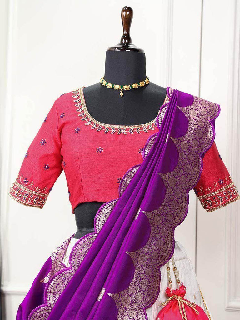 Gorgeous White Zari Weaving Jacquard Silk Traditional Lehenga Choli