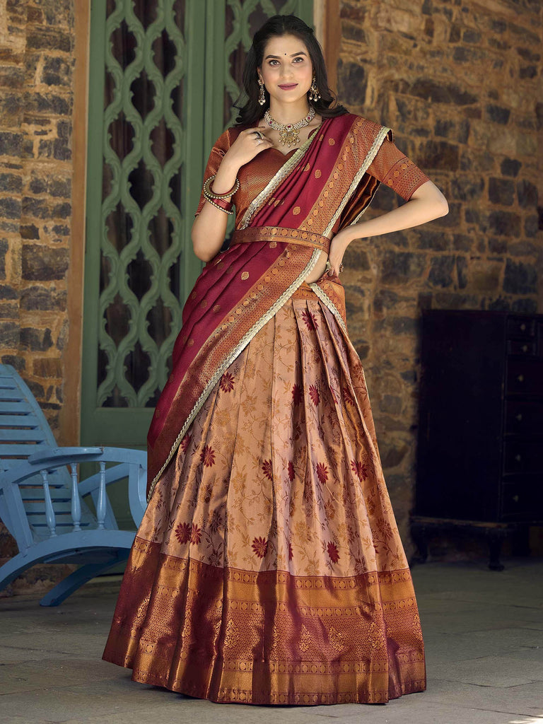 Stunning Brown Zari Weaving Jacquard Traditional Half Saree Lehenga