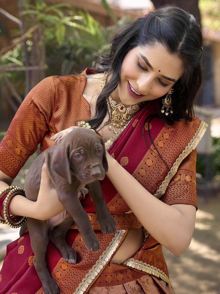 Stunning Brown Zari Weaving Jacquard Traditional Half Saree Lehenga
